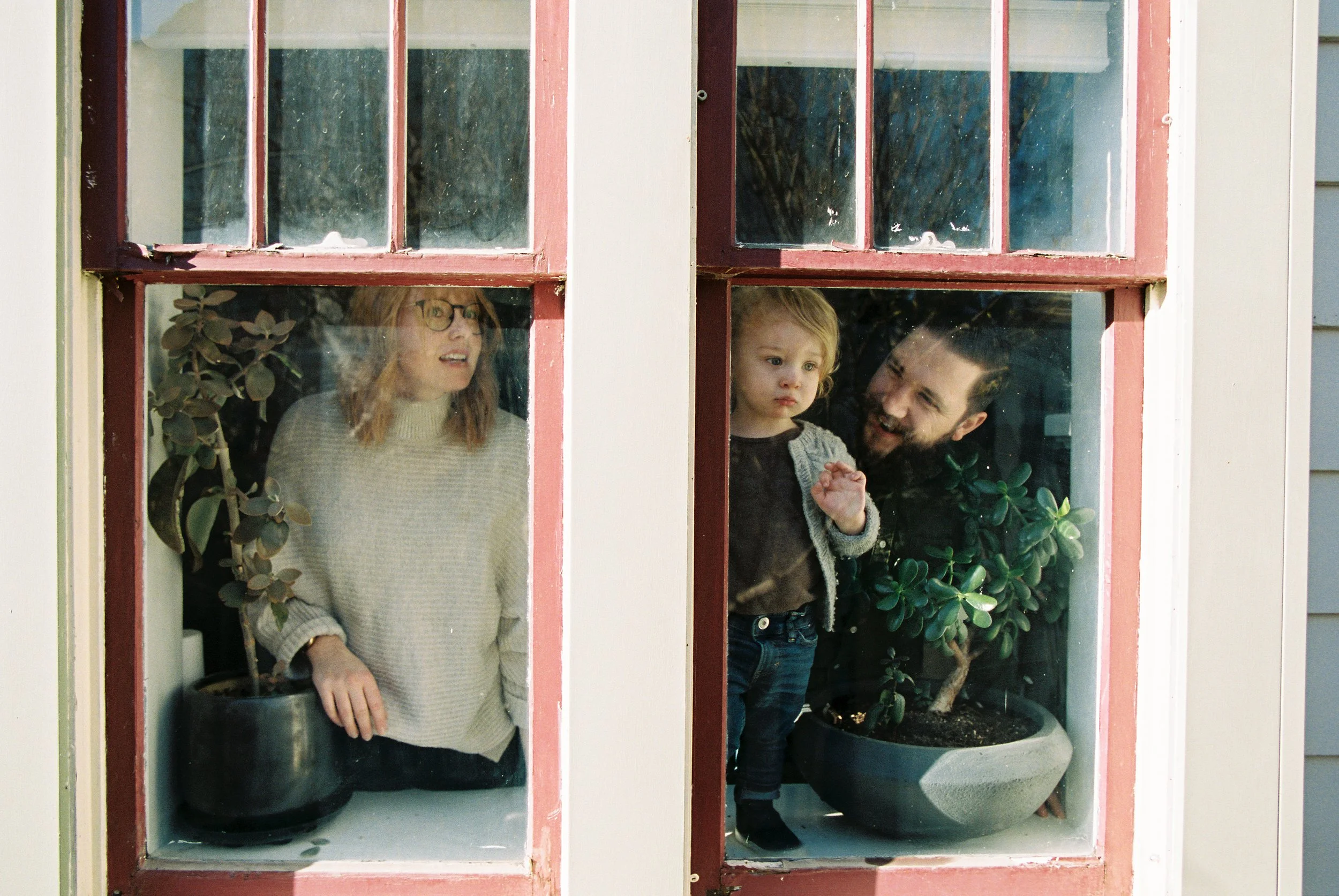 People looking out of a window with four panes, one empty, two with a potted plant inside, and one with a young girl and man looking out.