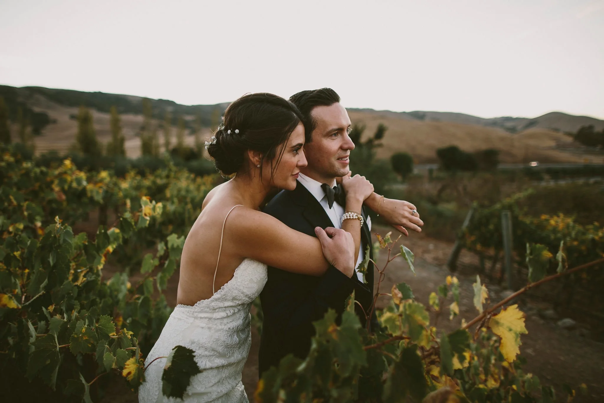 Wedding at a winery, bride and groom watch the sunset- Sun Valley, Idaho Fine Art Wedding Photographer