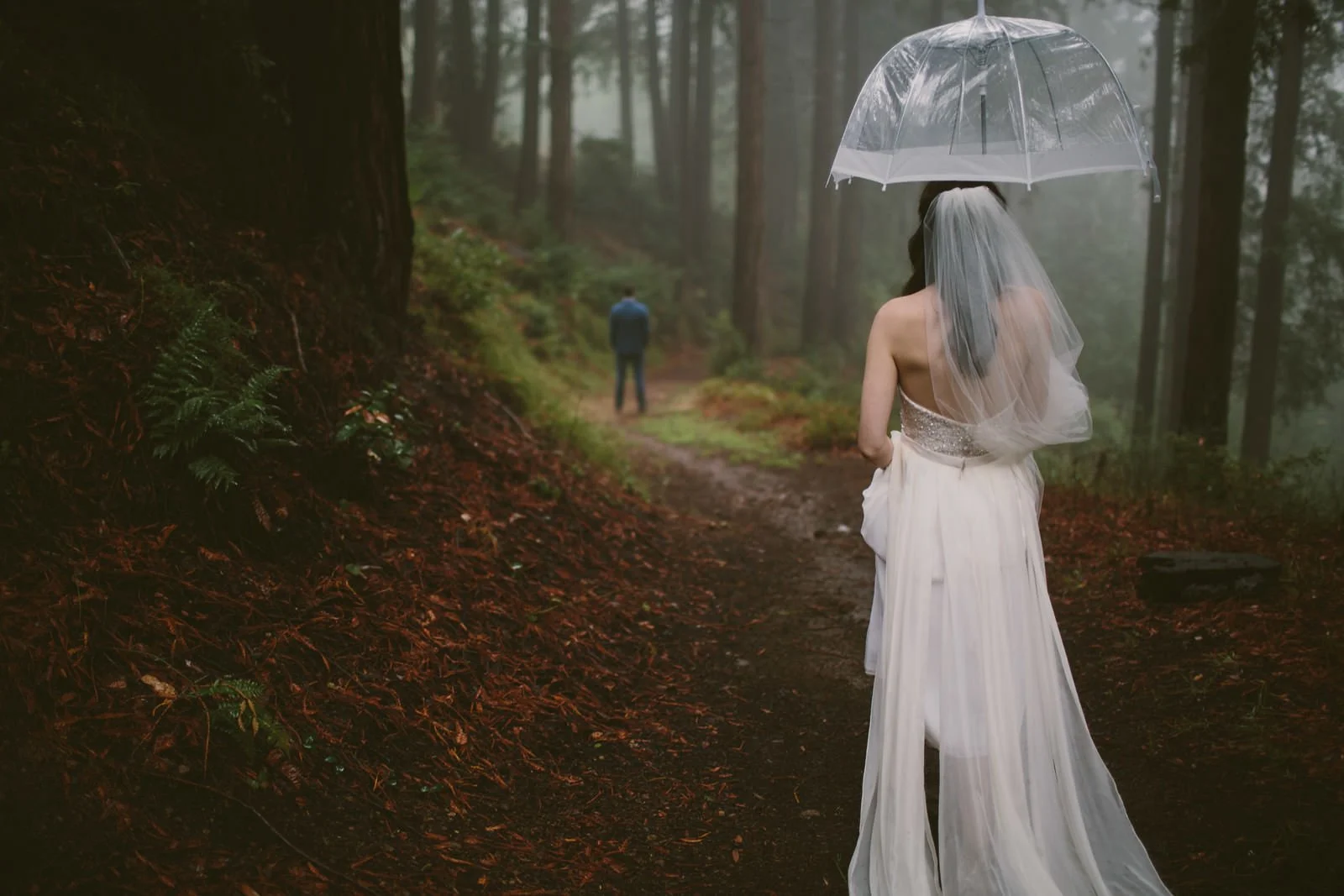 First look in the forest on their rainy wedding day- - Stanley, Idaho Fine Art Wedding Photographer