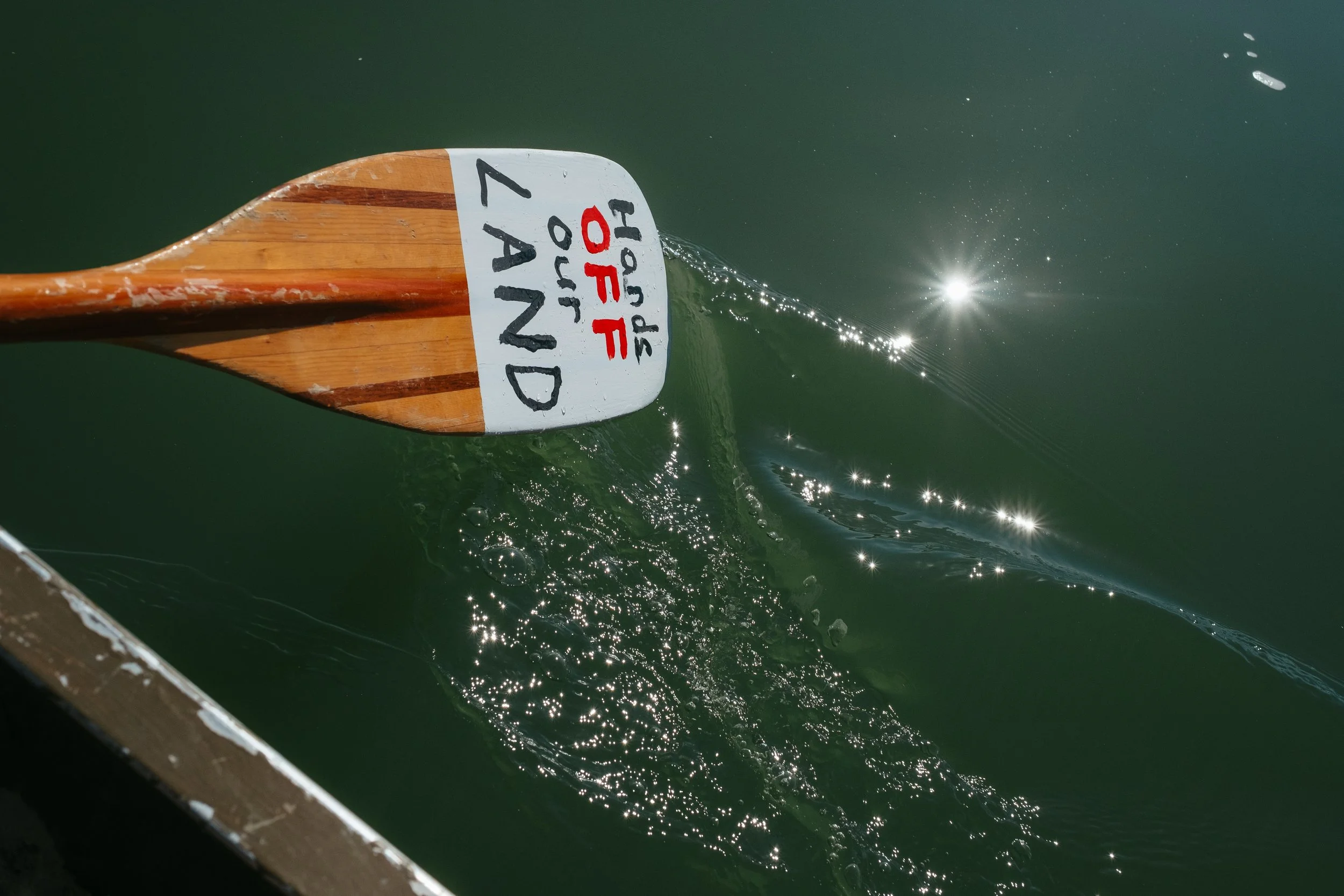 A wooden boat paddle with a white and black painted message that reads 'Paddle for Land' on a green body of water, creating a splash and reflection in the sunlight.