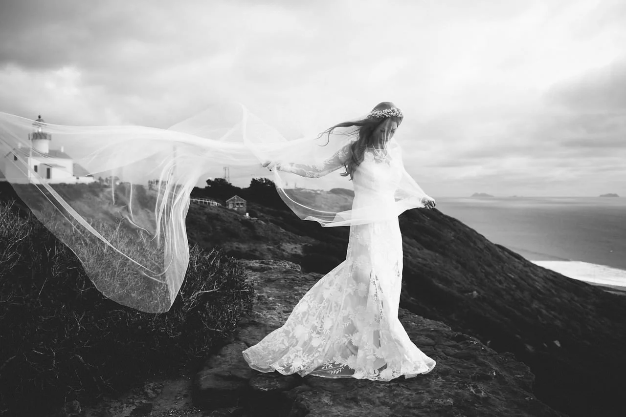 Bride wearing Dramatic veil as it flows in the wind- Sun Valley, Idaho Fine Art Wedding Photographer