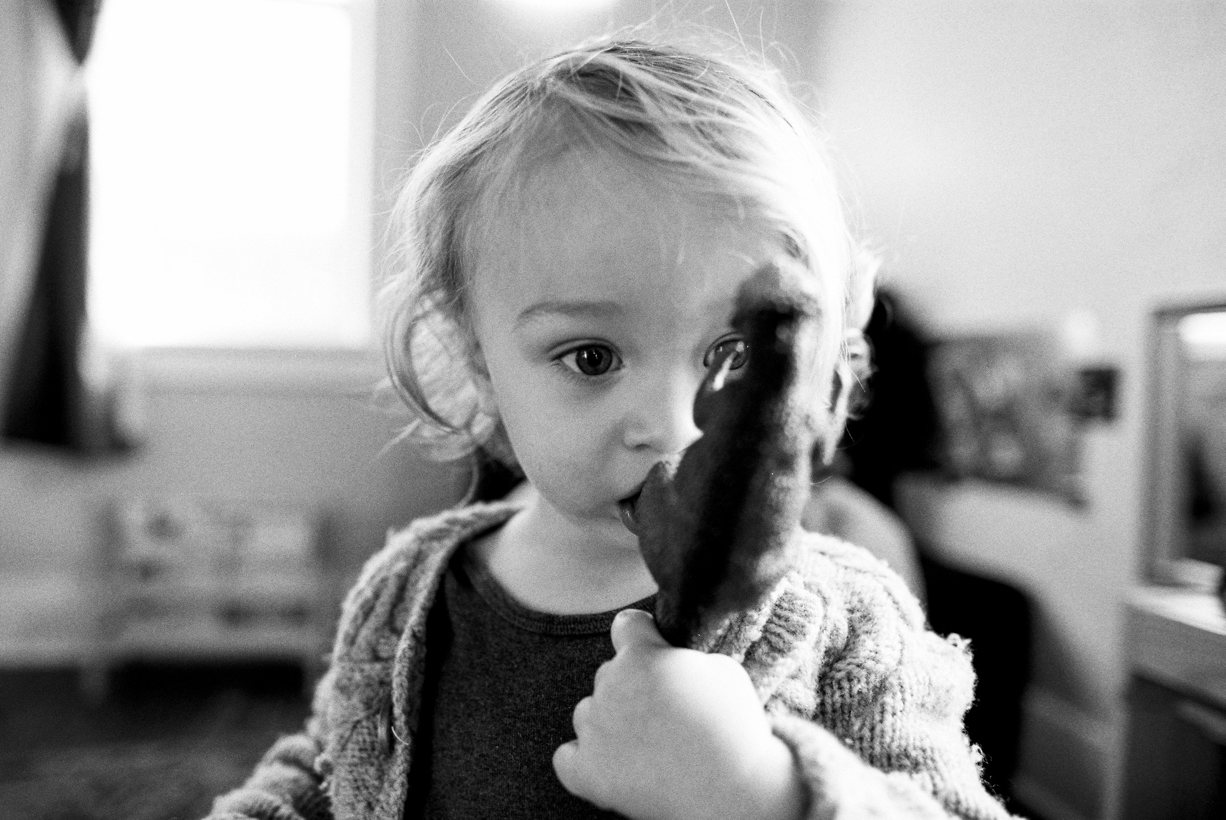 A young child with light curly hair licking a large, dark-colored ice pop, indoors with blurred furniture in the background.