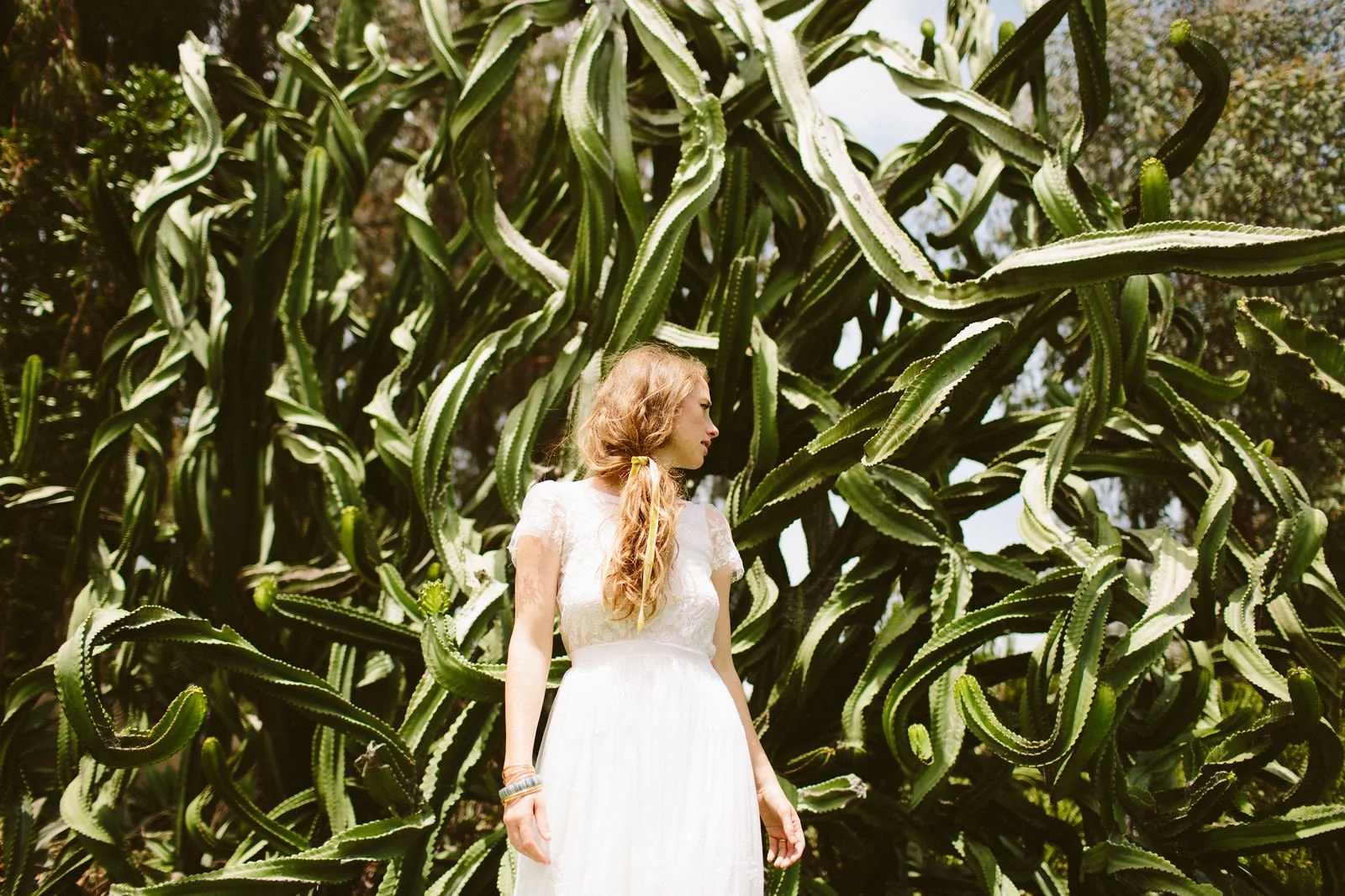 Bride in front of a cacti garden- Boise, Idaho Fine Art Wedding Photographer
