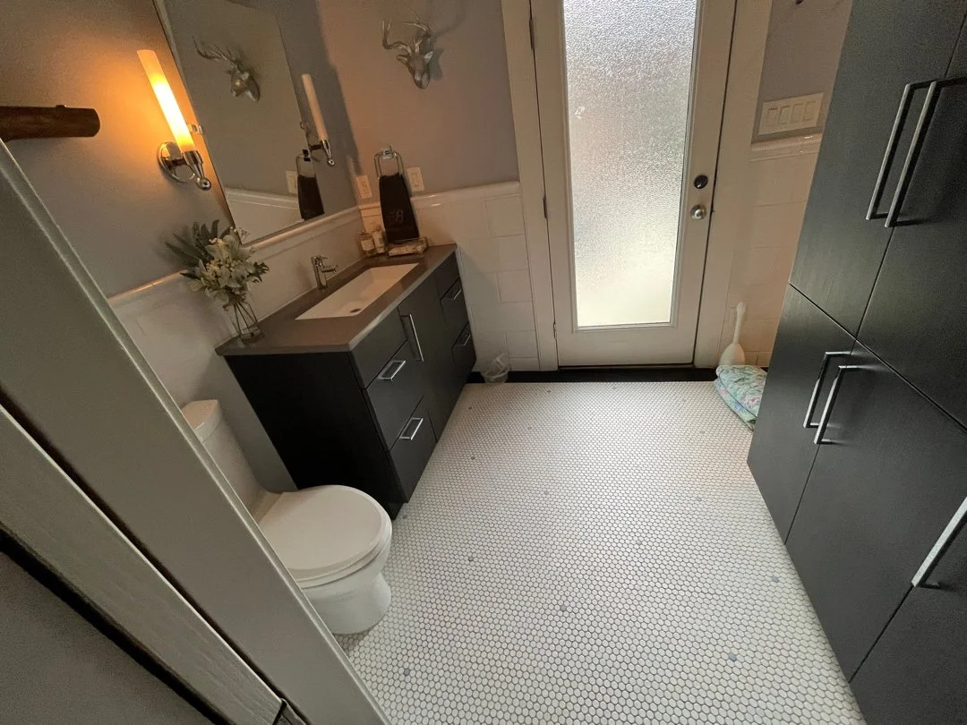 A small bathroom with a white toilet, black vanity with a sink, a mirror, and a frosted glass door. Decor includes mounted deer heads, a wall lamp, a flower arrangement, and toiletries on the countertop.