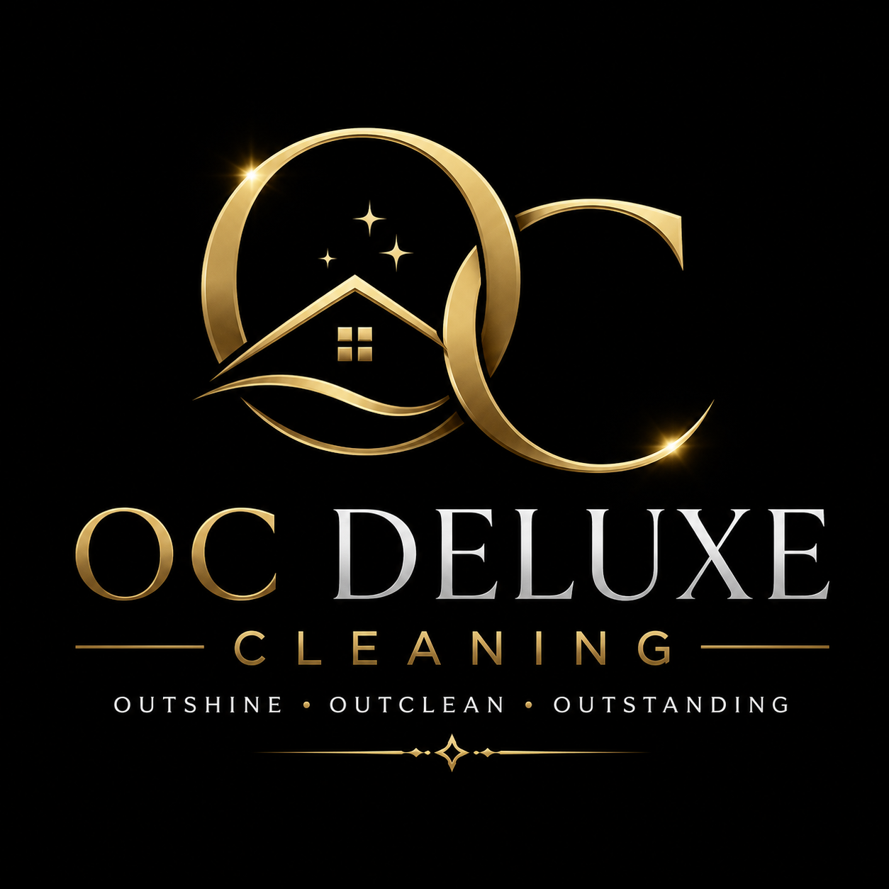 Logo for OC Deluxe Cleaning with a gold and black design, featuring a house inside a circle, and the words 'OC Deluxe Cleaning' along with the tagline 'Outshine Outclean Outstanding.'.