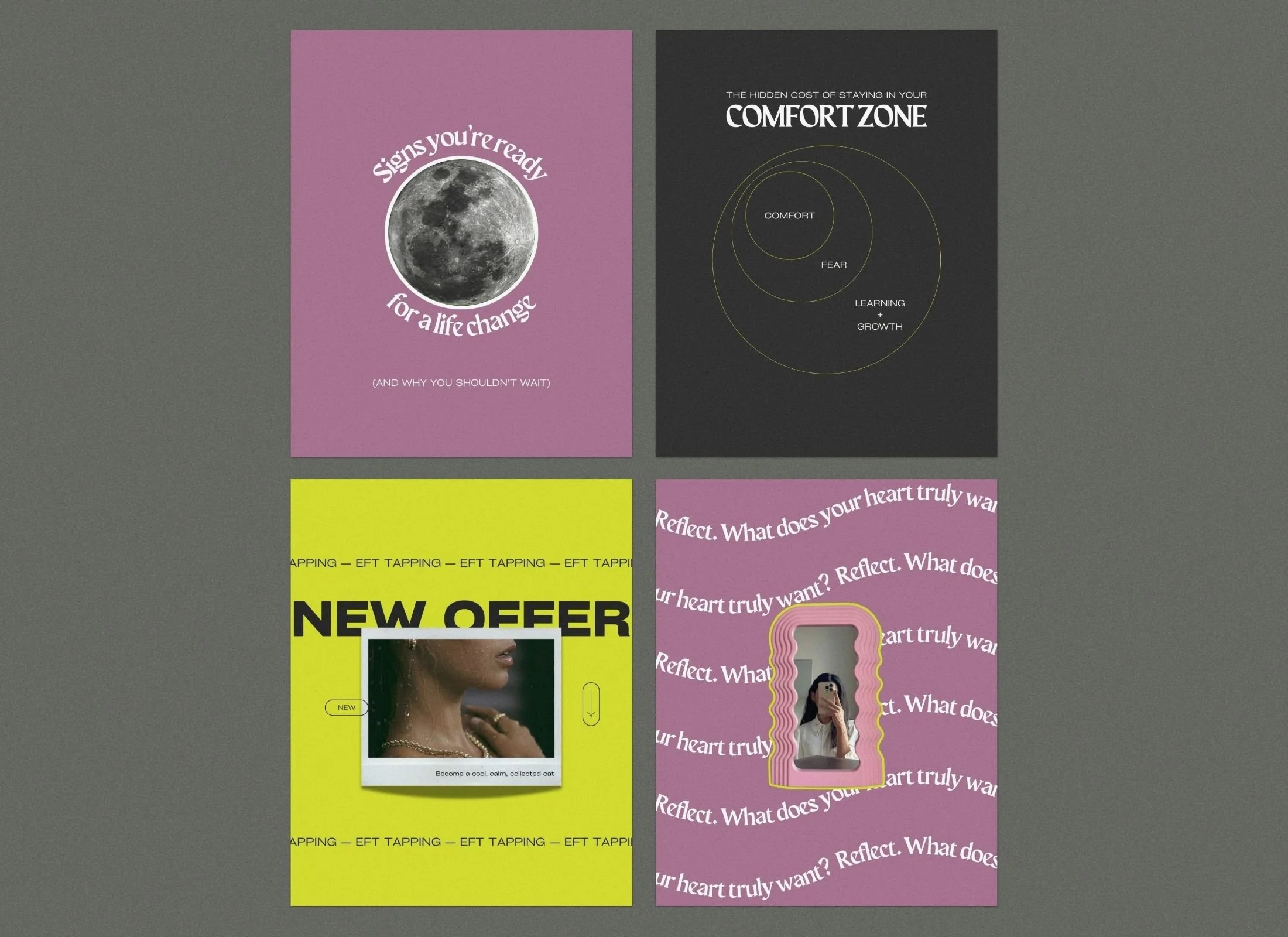 Radiant Instagram template bundle showing bold pink and neon green coaching posts, animated stories, and carousel layouts in Canva.