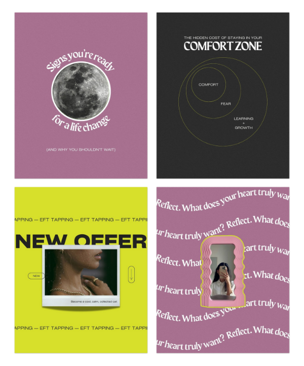 A collage of four images with different themes: the top left shows the moon with the text 'Signs you're ready for a life change'; the top right displays concentric circles with the words 'The hidden cost of staying in your comfort zone,' emphasizing comfort, fear, learning, and growth; the bottom left features a bright yellow background with the bold text 'NEW OFFER' and an image of a woman and a necklace; the bottom right shows a woman with a phone on a purple background with the repeated text 'Reflect. What does your heart truly want?'.