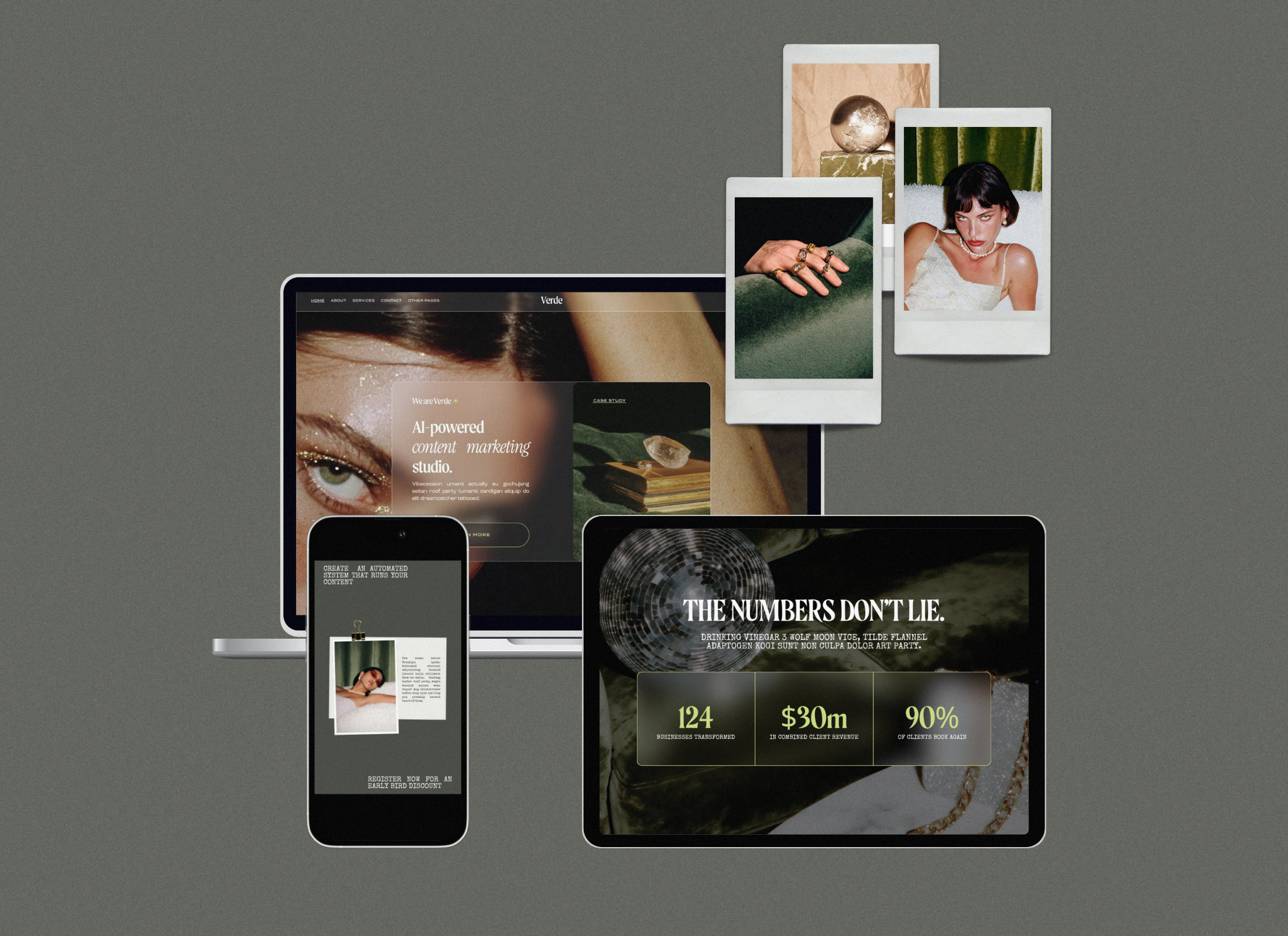 The Verde Total Brand System complete kit showing the dark and green Squarespace website on a laptop, matching Instagram feed templates on a phone, pitch deck, and a collage of retro flash stock photography.