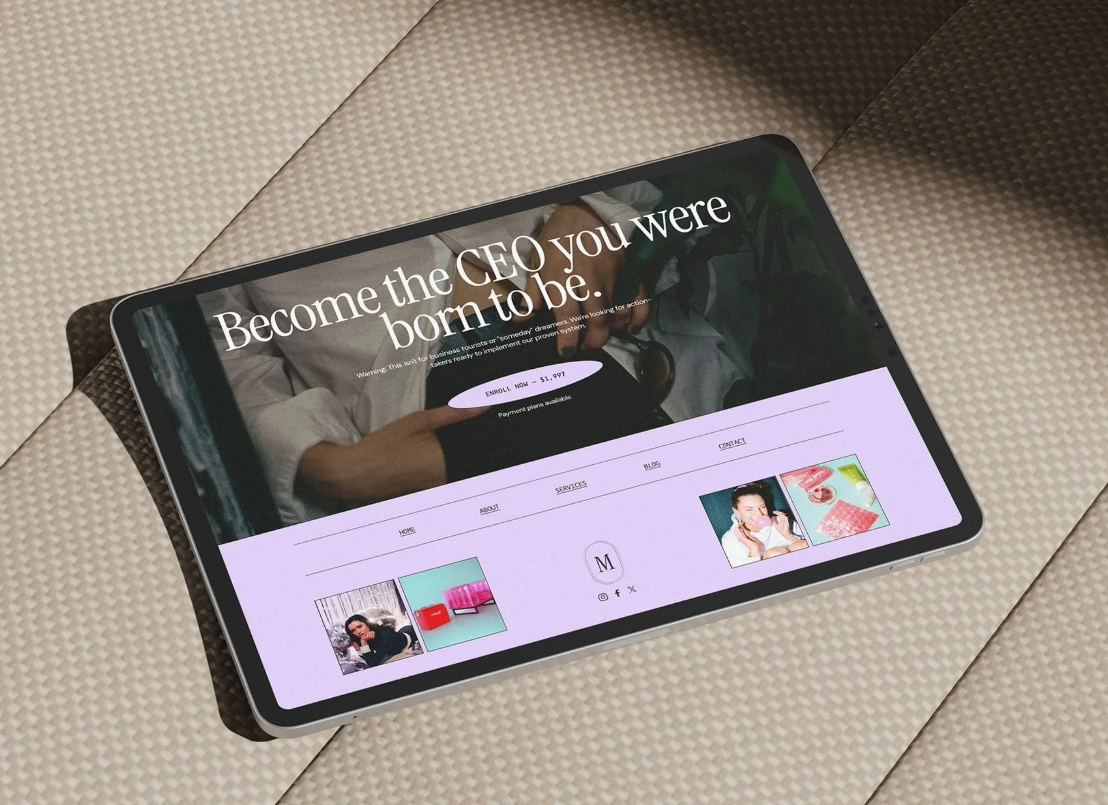 Tablet displaying a website with the headline 'Become the CEO you were born to be.' and images of women.
