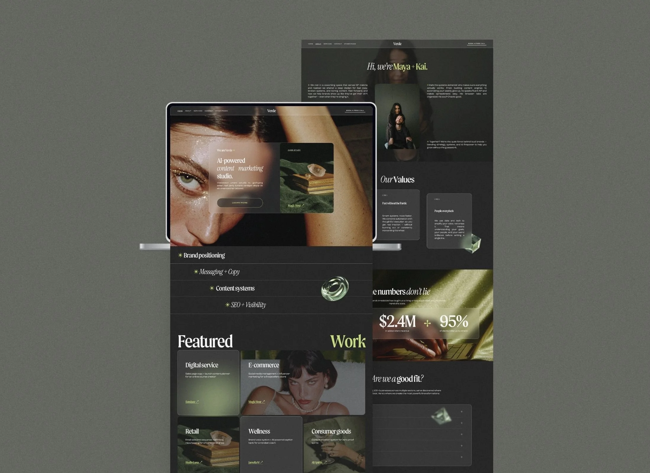 Luxury dark and green Squarespace website template for tech startups featuring futuristic 3D elements and moody gradient design.