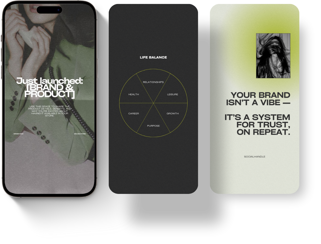 A smartphone displaying a promotional image for a new brand and product launch, with three additional design boards showing a life balance chart and brand philosophy statements.