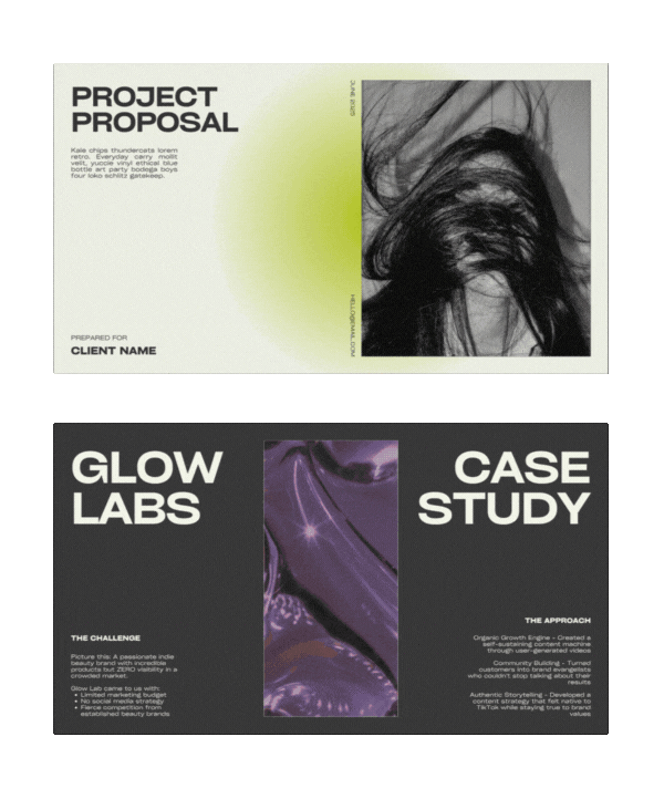 Two brochure or presentation slides. The top slide is a project proposal with a green and white design, featuring a black and white photo of a person's hair. The bottom slide is about a case study for Glow Labs, with a dark background, purple imagery, and white text.