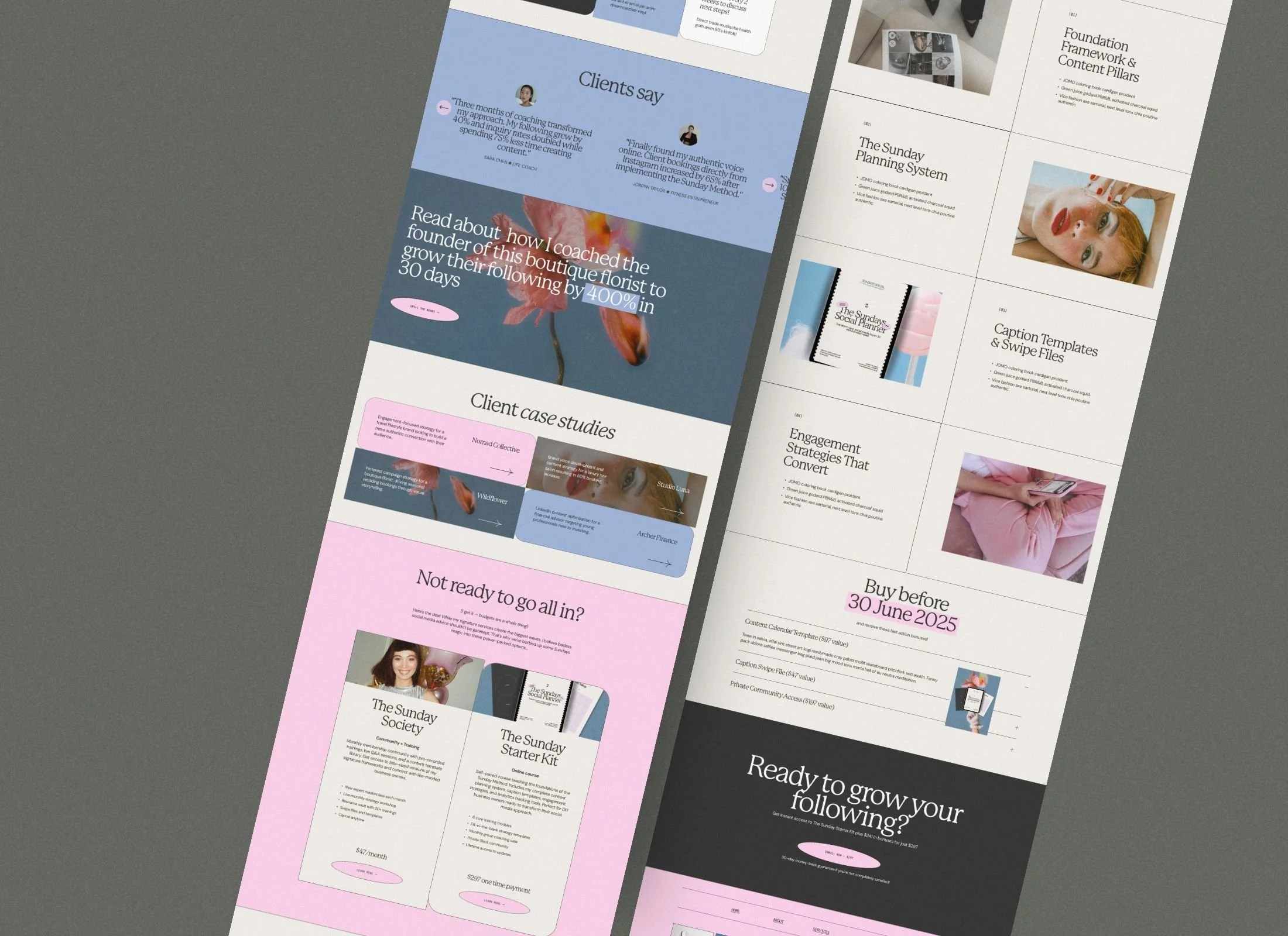 Screenshots of a digital marketing or sales presentation with colorful sections highlighting client testimonials, case studies, product packages, and call-to-action prompts, displayed on a flat surface.