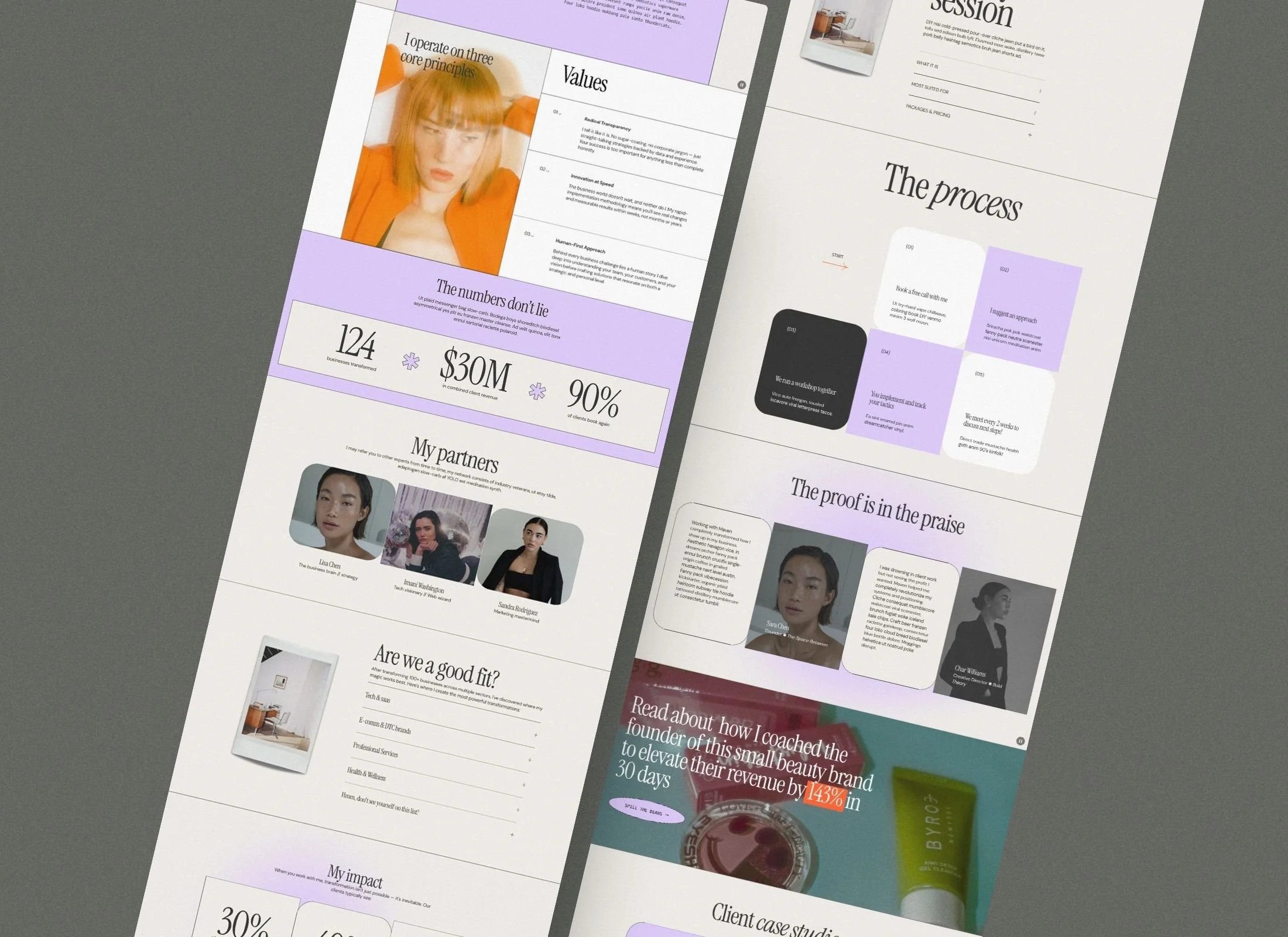 Screenshots of a digital presentation or document displayed on a device, featuring text, photographs of people, and infographic elements related to business or branding topics.