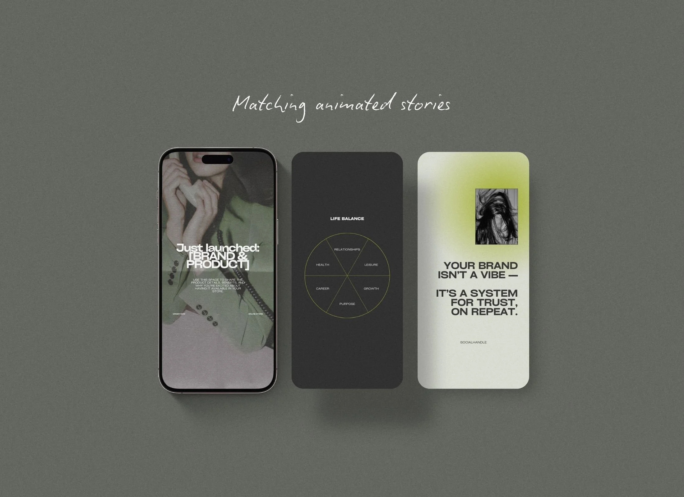 Three smartphone screens displaying different designs, with the phrase "Matching animated stories" written above.