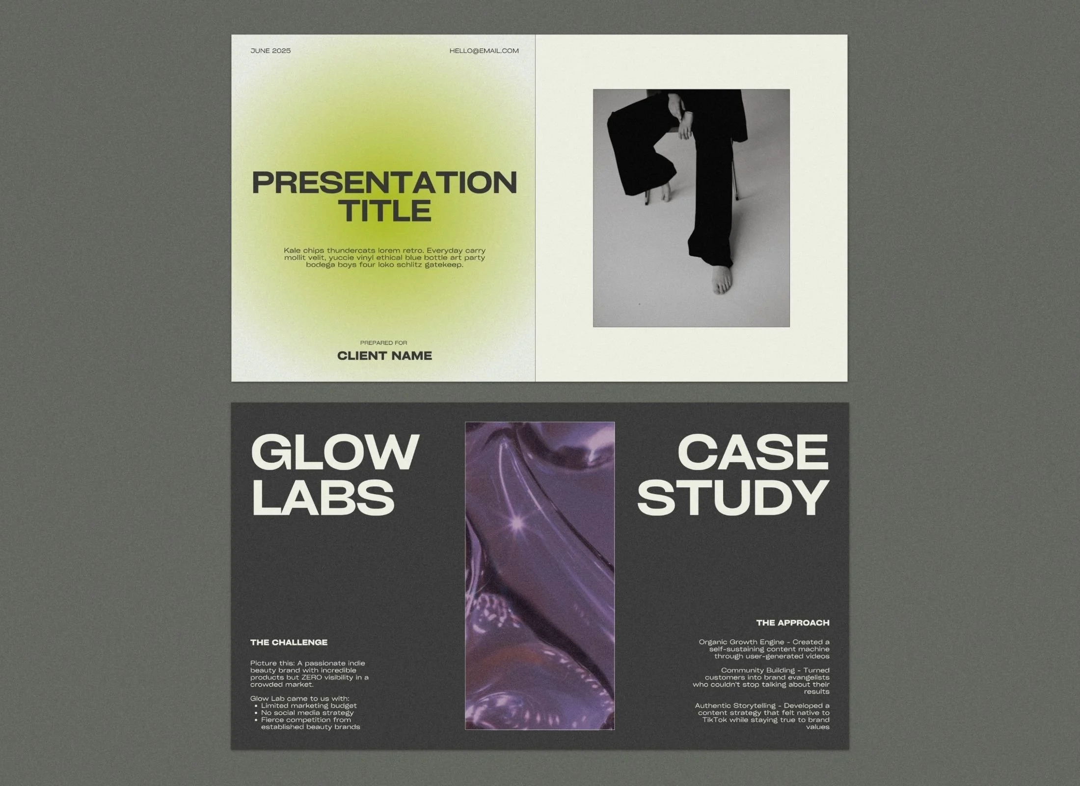 Flux Canva presentation template showing lime green and lilac slides with grainy gradients and modern typography for creative business pitches.