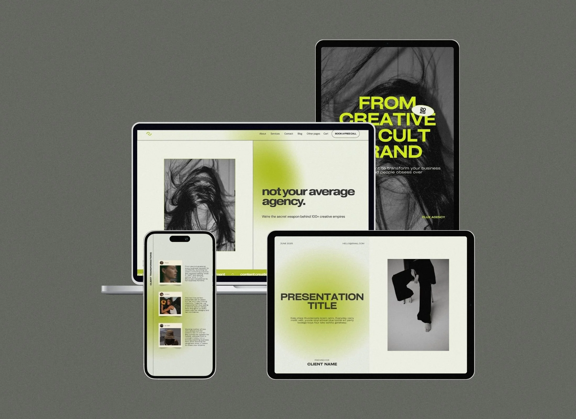 Complete Flux Brand Identity System showing the lime green and lilac Squarespace website, Instagram templates, eBook pages, and slide deck.