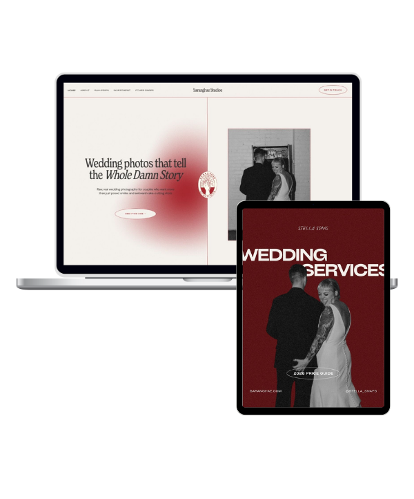 Website homepage and mobile screen displaying wedding photography and wedding services promotional content for Saunaugh Studios, featuring a black-and-white photo of a bride and groom with a red background.