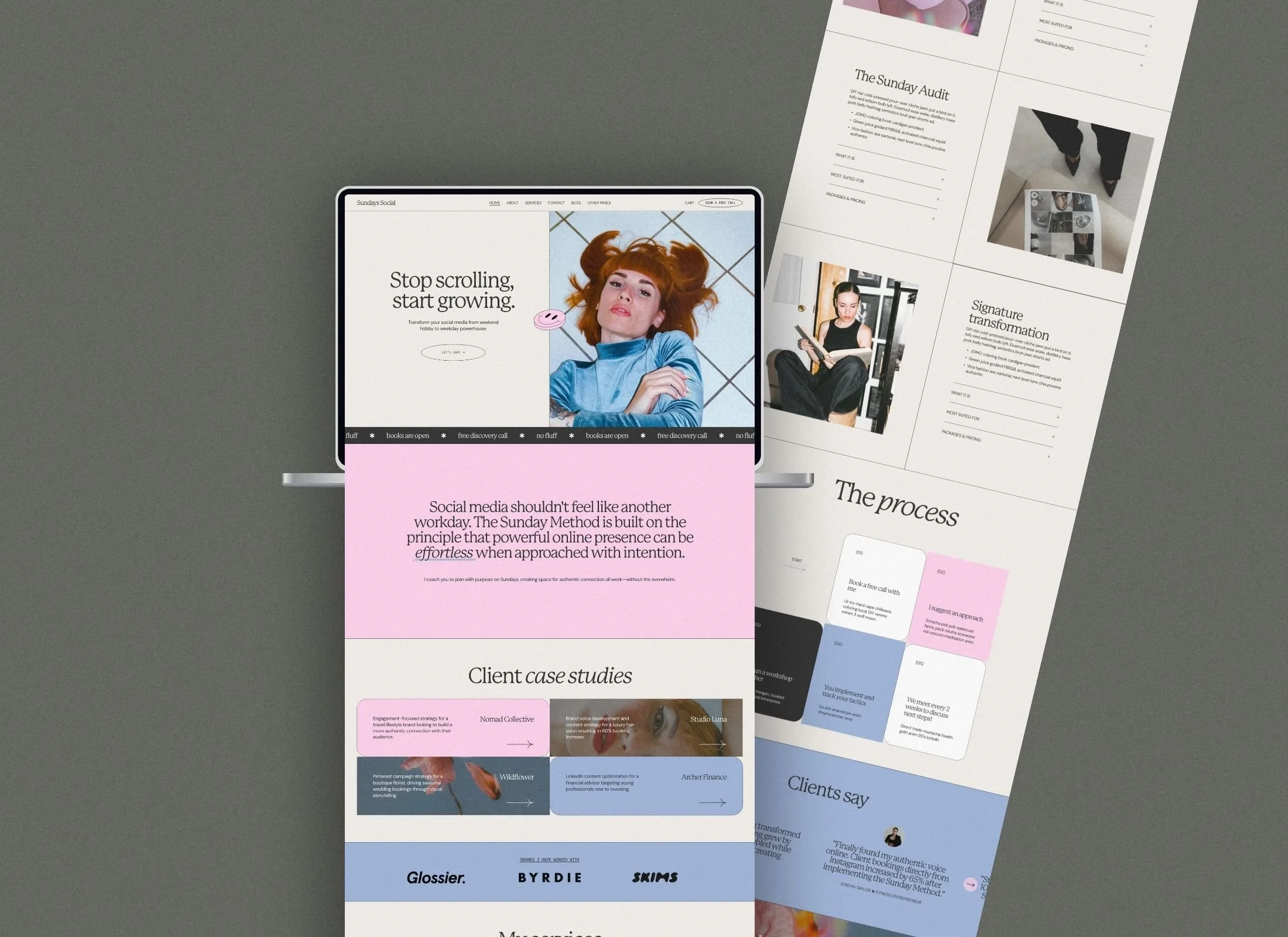 Squarespace template for social media coaches featuring pastel pink and blue editorial layout with grainy gradients.