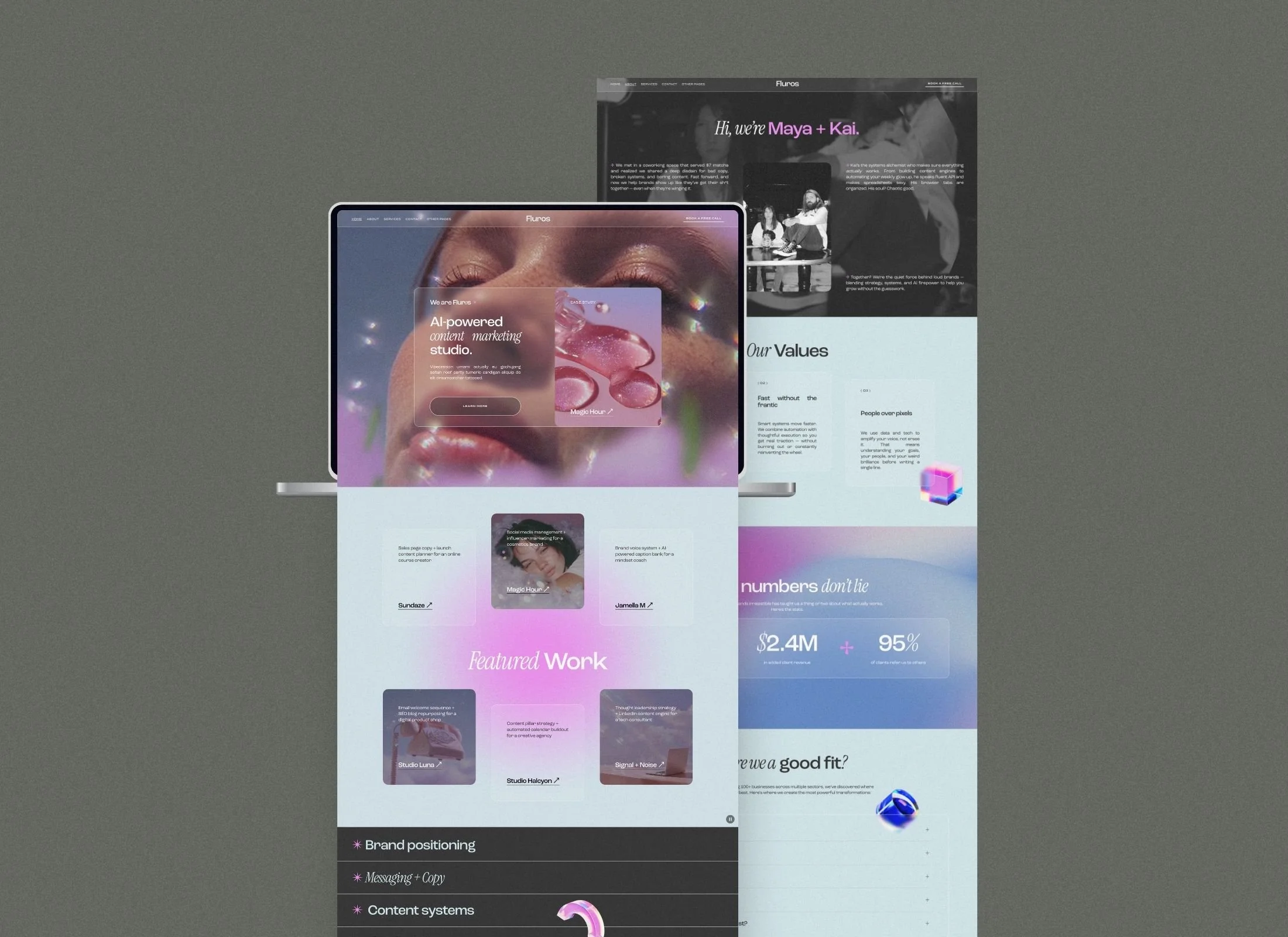 Fluros Squarespace 7.1 website template featuring pink and blue gradients, 3D futuristic objects, and a modern liquid glass design.