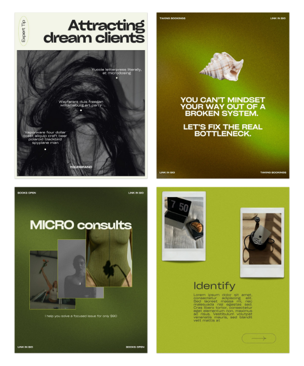 Collage of four promotional pages. The top left features a black and white photo of a woman's hair with text about attracting dream clients. The top right has a green background with a seashell and text about fixing a broken system. The bottom left shows a green background with photos of a woman, a bicycle, and a stopwatch, with text about micro consulting. The bottom right has a green background with two Polaroid photos and text about identifying, including placeholder text.
