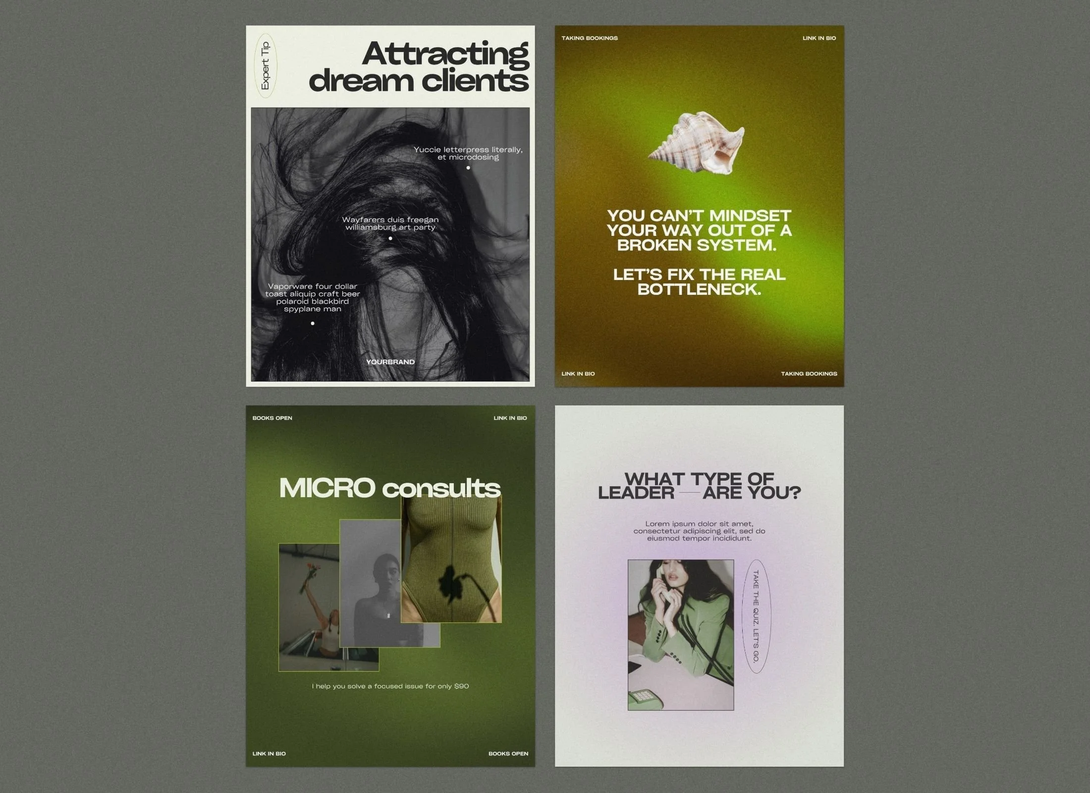 Instagram post and story templates featuring lime green and lilac grainy gradients for creative entrepreneurs.