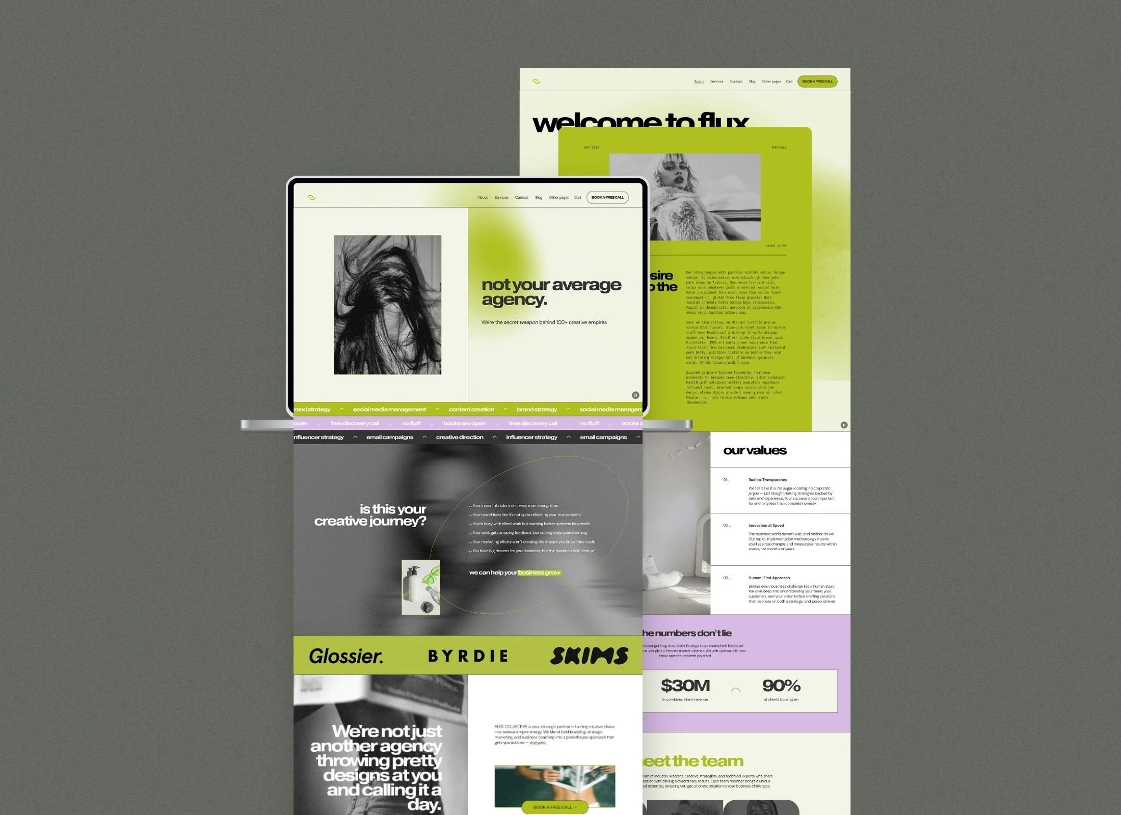 Multiple overlapping website screens displayed on a gray background, showcasing various web design and agency content.