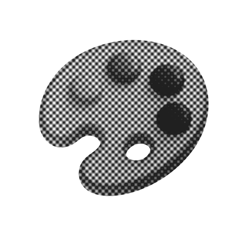 A grayscale, pixelated image of a computer game controller with two thumbsticks and several buttons.