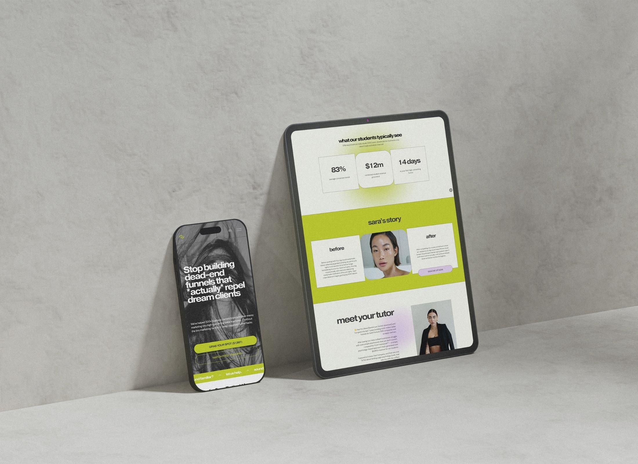 A smartphone and a tablet on a white surface against a white wall. The smartphone displays text about funnel building for clients, and the tablet shows a webpage with statistics, a story about Sara, and a profile of a tutor.