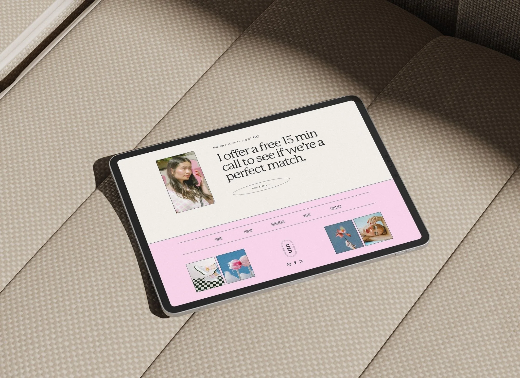 A tablet displaying a website with a woman's portrait, text offering a free 15-minute call, navigation menu, and images of shoes, flowers, and a woman.