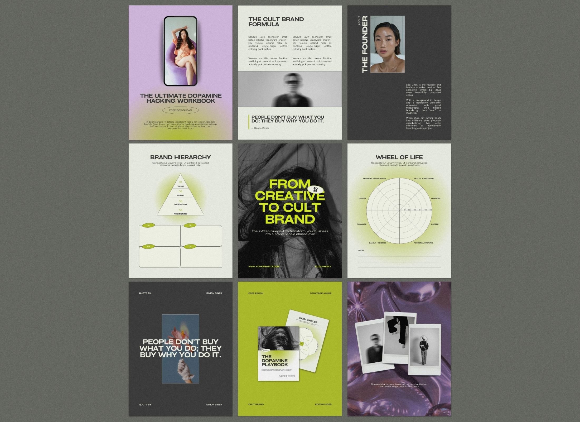 Flux lime green and lilac editorial ebook template pages showing roadmap and workbook layouts for creative entrepreneurs.