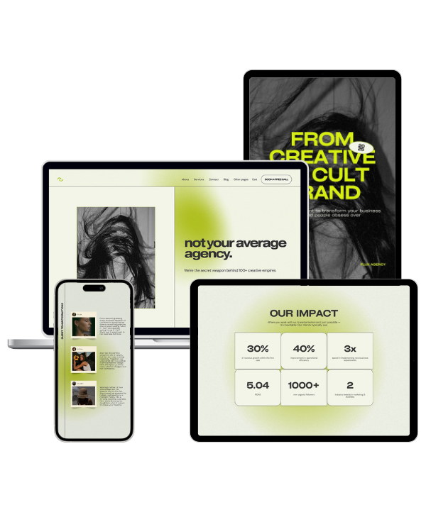 Multiple electronic screens displaying a professional website and promotional content about an innovative agency, with a modern design and green and black color scheme.