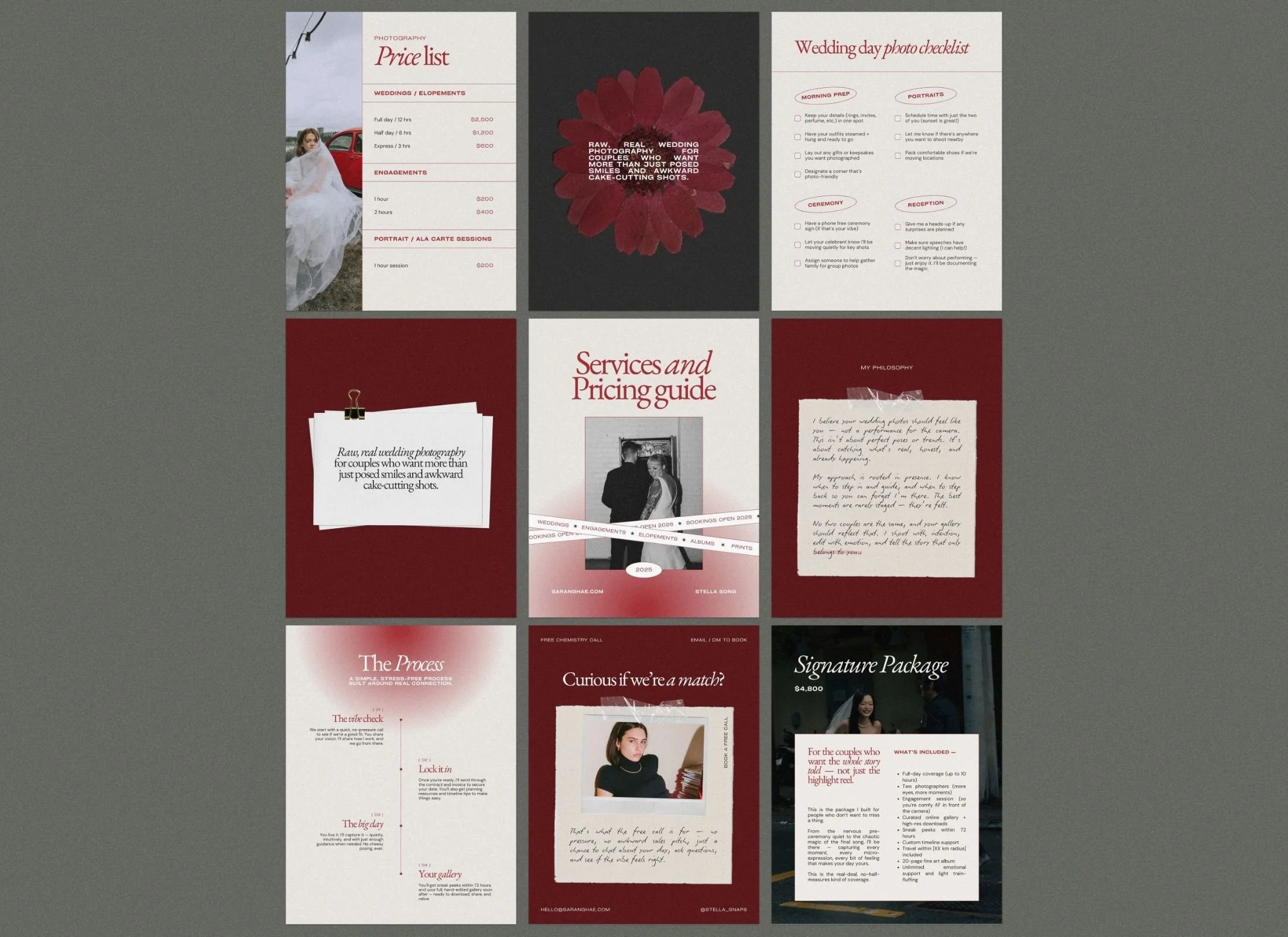 Saranghae wedding photographer pricing guide Canva template featuring red gradients, floral textures, and 31 modern layouts.