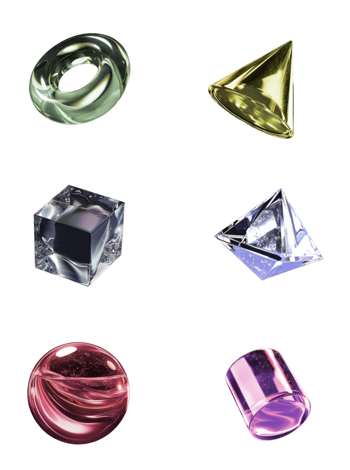 Colored 3D geometric shapes including a torus, cone, cube, pyramid, sphere, and cylinder.