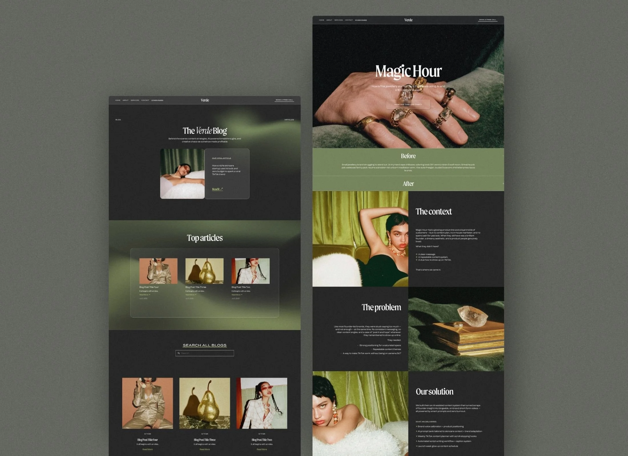 Two web page designs side by side on a grey background, featuring fashion and jewelry content with images of models, jewelry, and text sections.