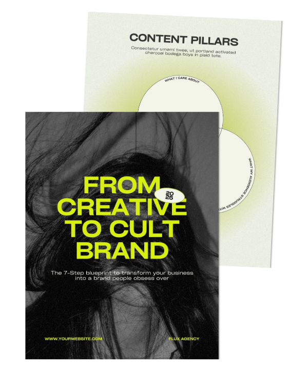 Cover of a book titled "From Creative to Cult Brand" with a black and white portrait of a woman with long hair and bright yellow text, and behind it a page about "Content Pillars."