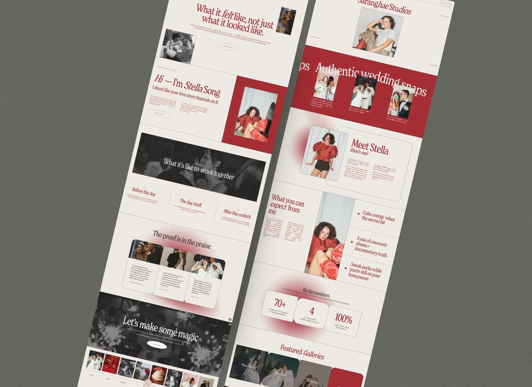Two vertically oriented webpage layouts showcasing photography and text about a person named Stella Song, wedding photography, and creative work, with sections, images, and headings in red, black, and white.