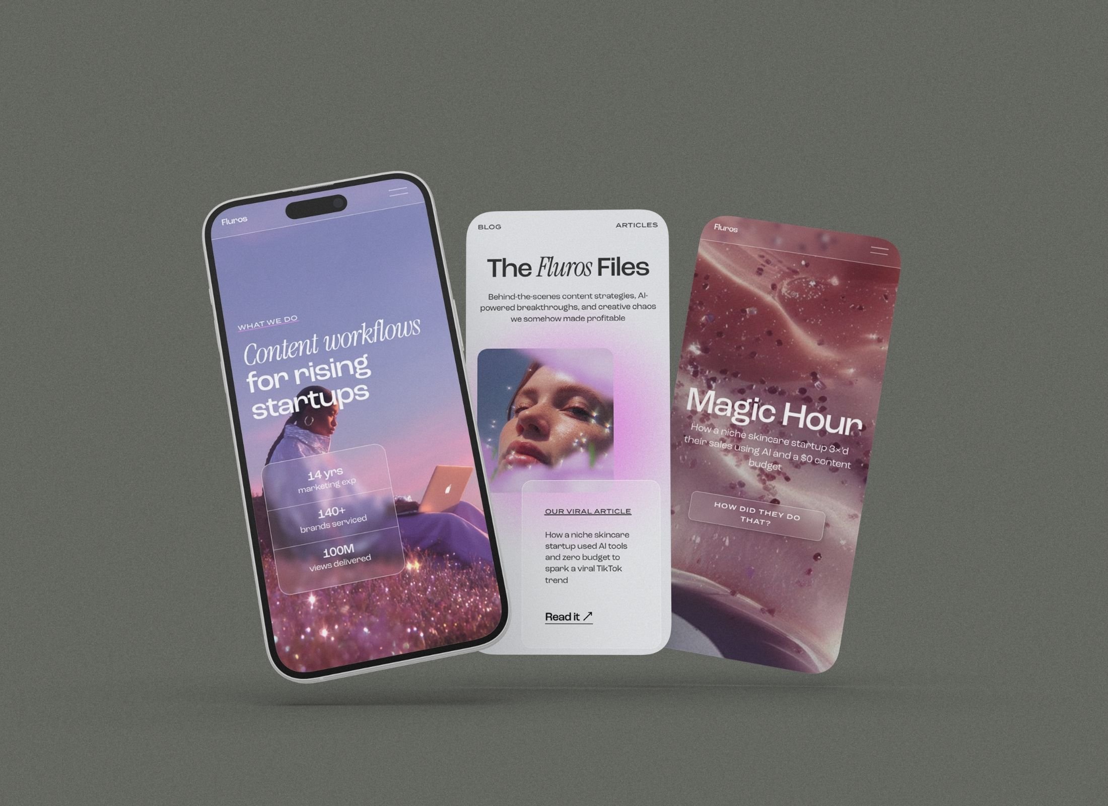 Three smartphone screens displaying digital content with a pink and purple cosmic background, showcasing articles, blogs, and startup information, set against a gray background.