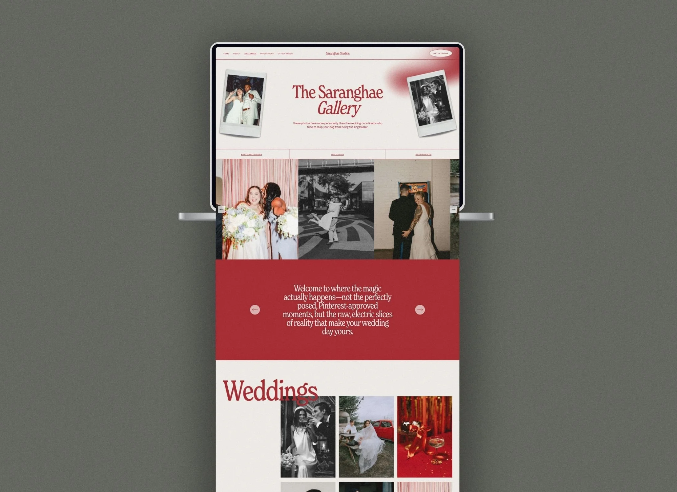 A laptop displaying a wedding photography website with images of couples and wedding scenes, featuring a red and white theme.
