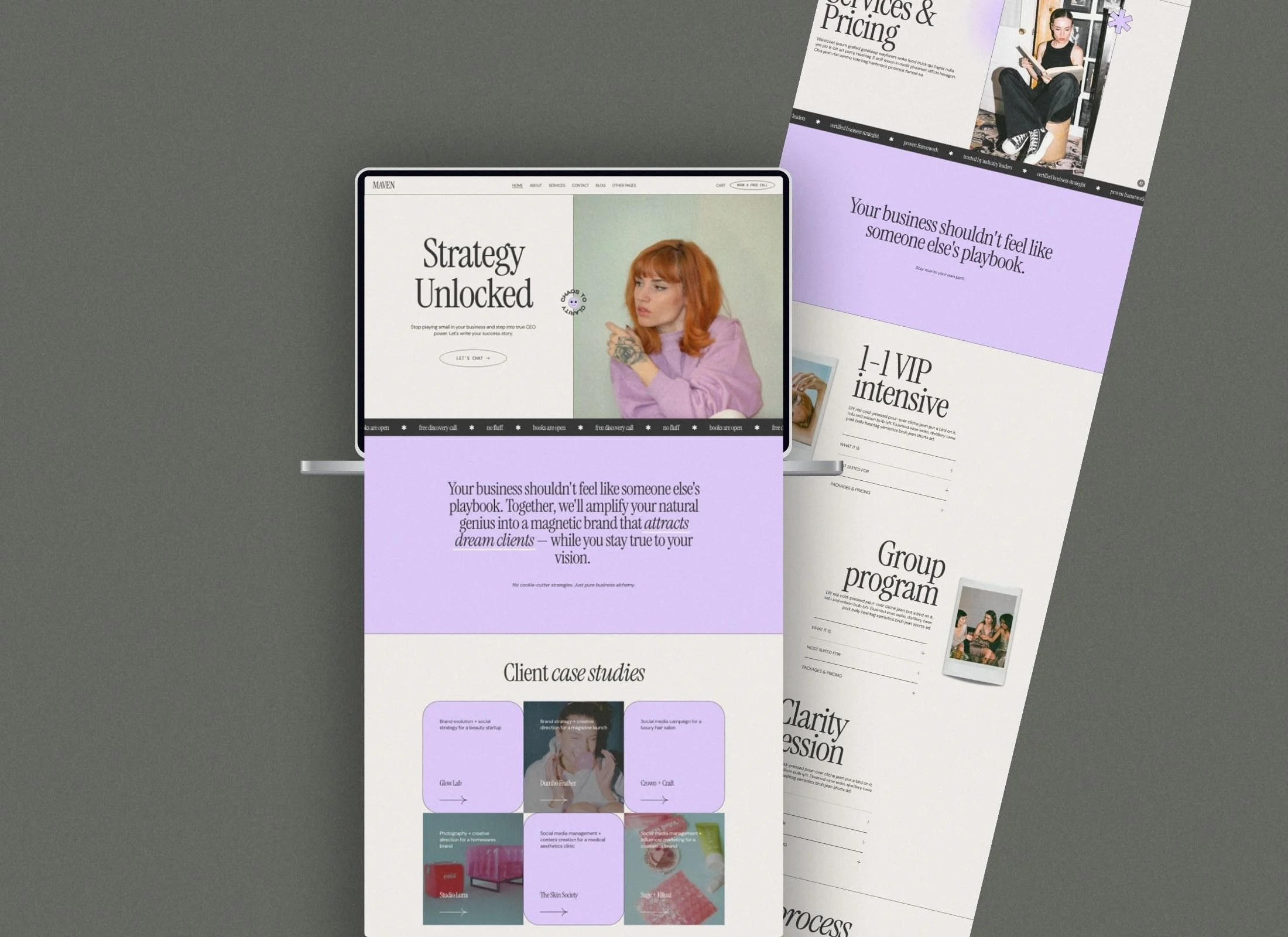 Maven Squarespace website template for business coaches and copywriters featuring editorial typography and a purple and orange color scheme.