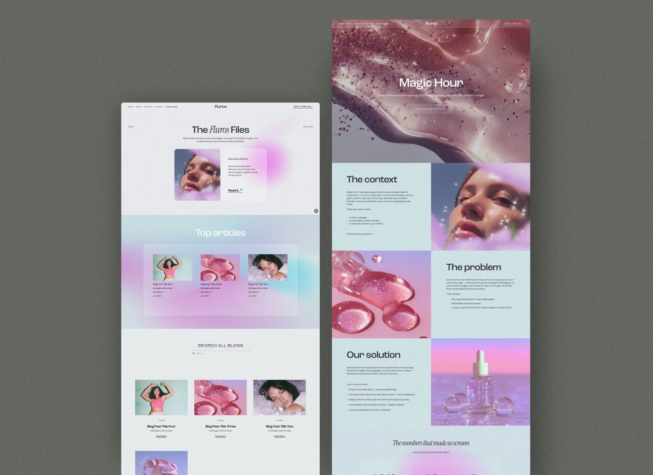Two modern, colorful website mockups featuring skincare products, with a pastel, pink-purple color scheme and images of a woman and skincare items.