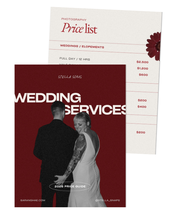 A wedding service price list with a cover photo of a couple, the bride with tattoos in a white dress and the groom. The price list has costs for wedding and elopement photography, including full day or half day options, and additional wedding services. The cover also mentions a 2026 price guide, with the website saranghae.com and Instagram handle @stella_snaps.