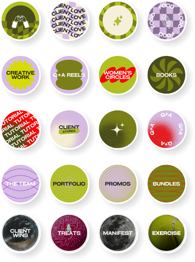 A collection of colorful circular icons with various words and symbols related to creative work, client stories, fitness, and food.