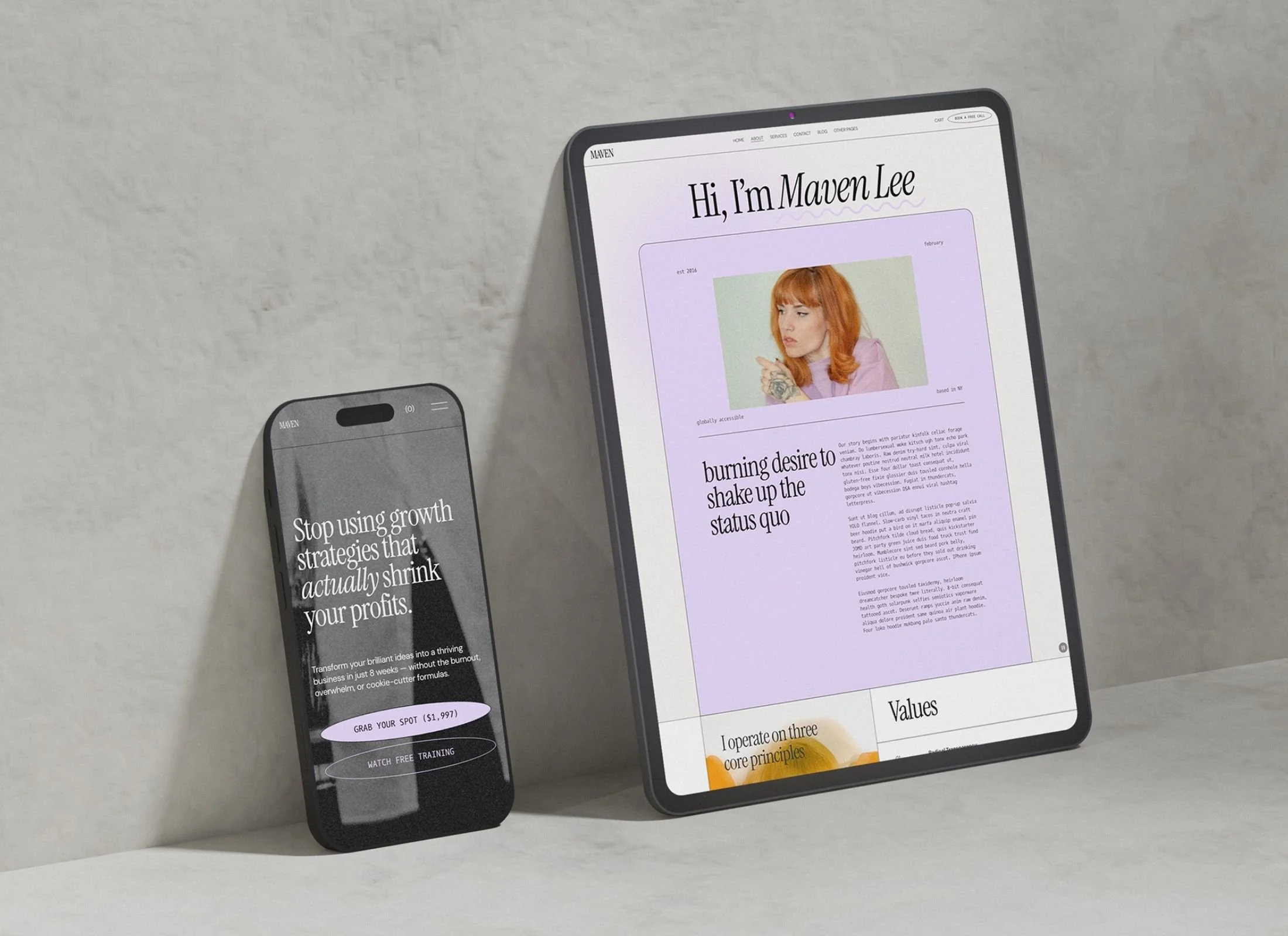 A tablet and a smartphone on a light-colored surface against a plain wall. The tablet displays a webpage with a woman with red hair and purple clothing, and text introducing Maven Lee. The smartphone shows a different webpage with a message encouraging growth strategies and a call to action.