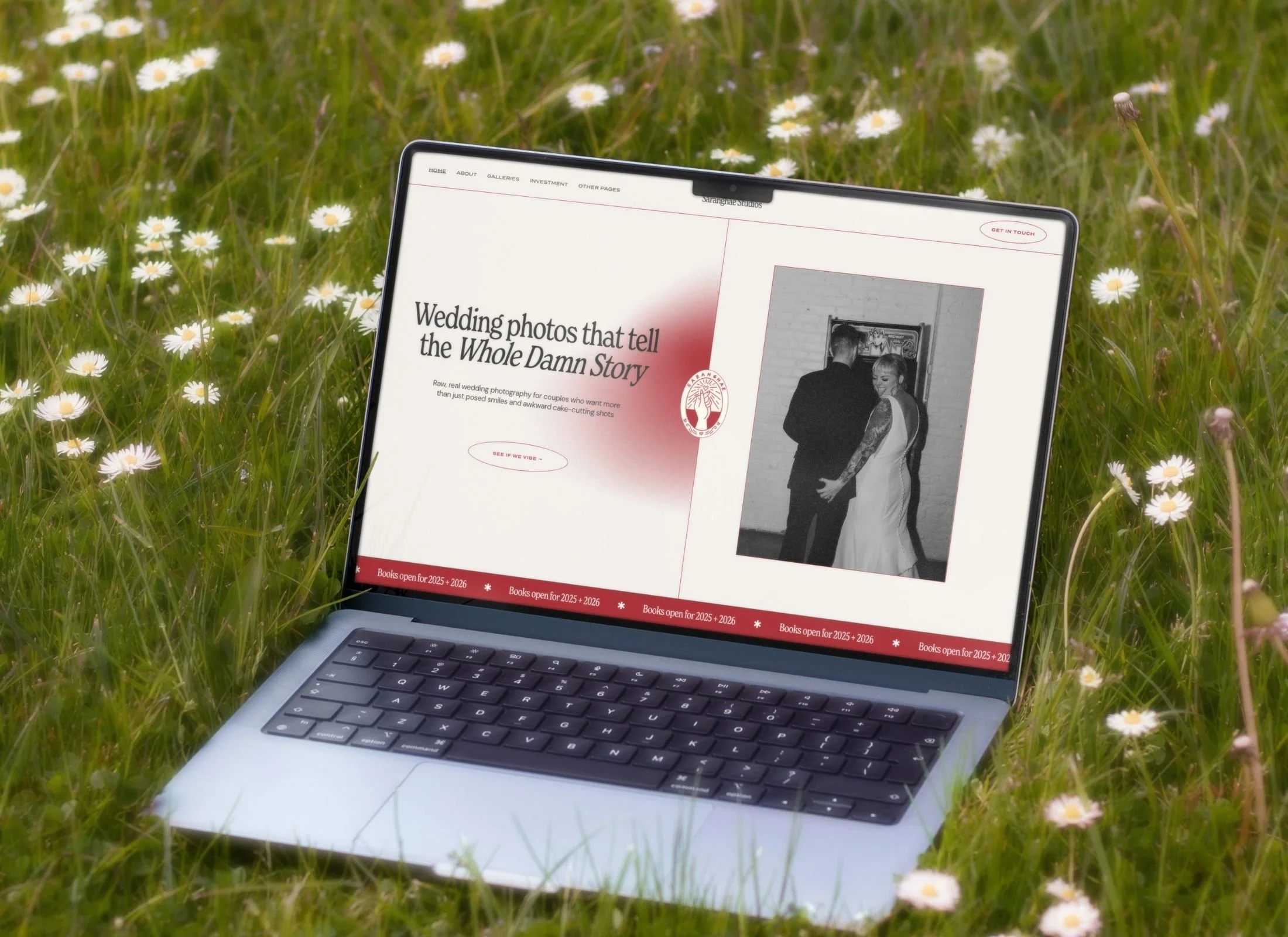 Saranghae Squarespace website template for wedding photographers featuring bold red gradients, editorial layout, and mobile-responsive portfolio galleries
