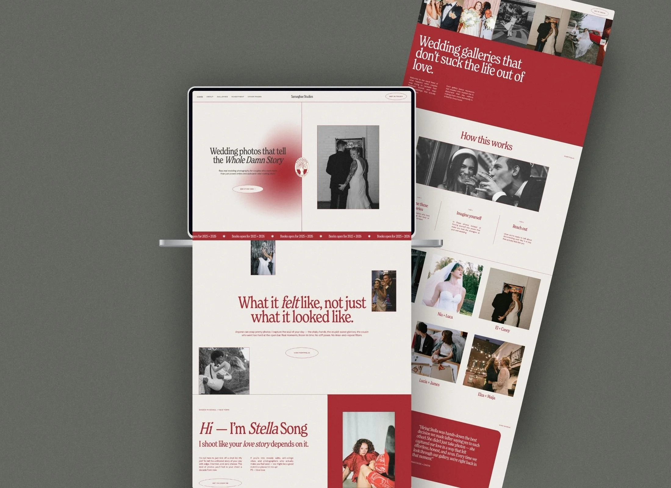 Two printed web pages and a laptop displaying websites related to wedding photography and galleries on a gray surface.