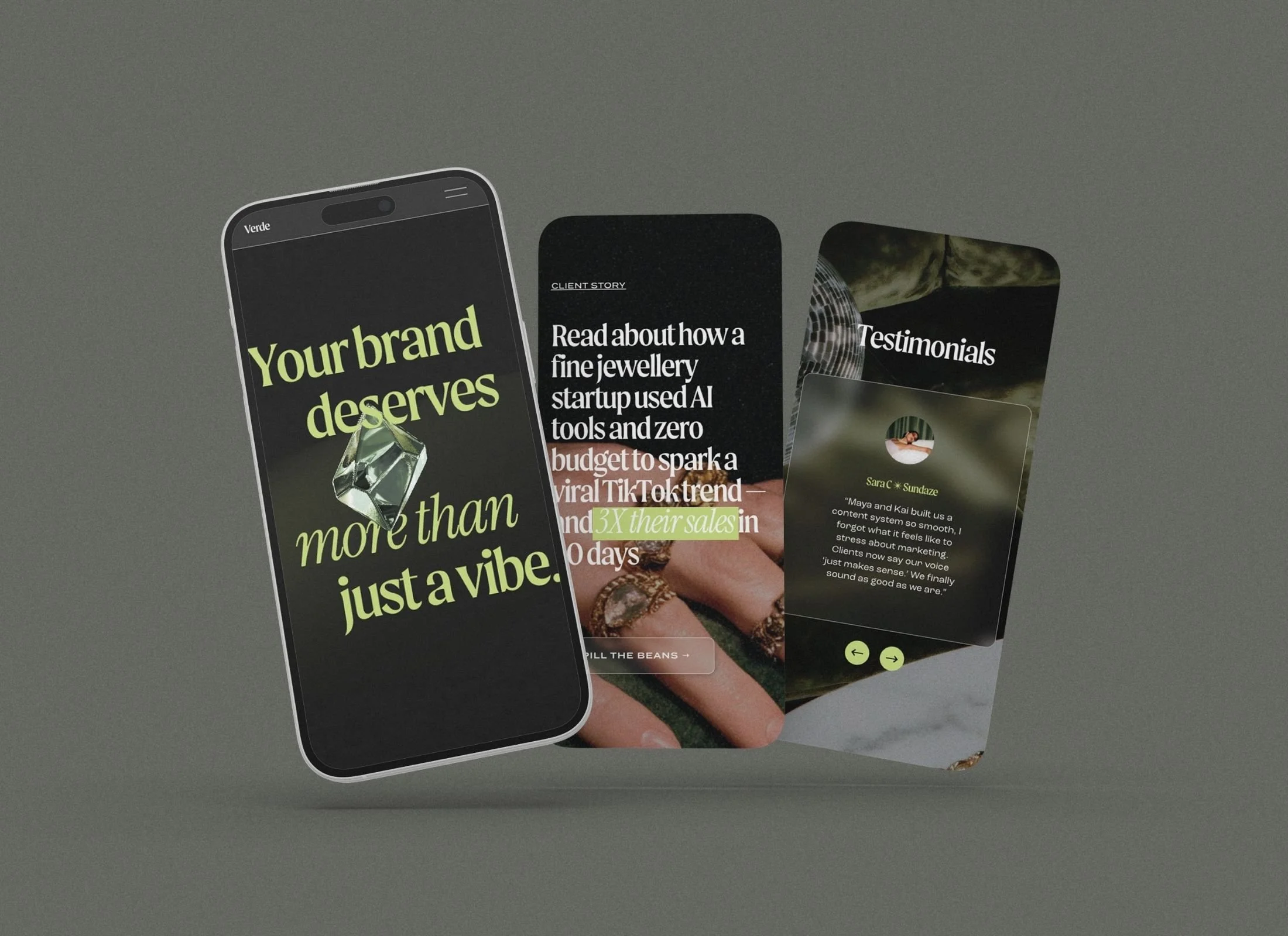 A smartphone with a black screen displaying the text 'Your brand deserves more than just a vibe' accompanied by a diamond graphic, and three floating panels with text and images showcasing client stories, testimonials, and content examples.