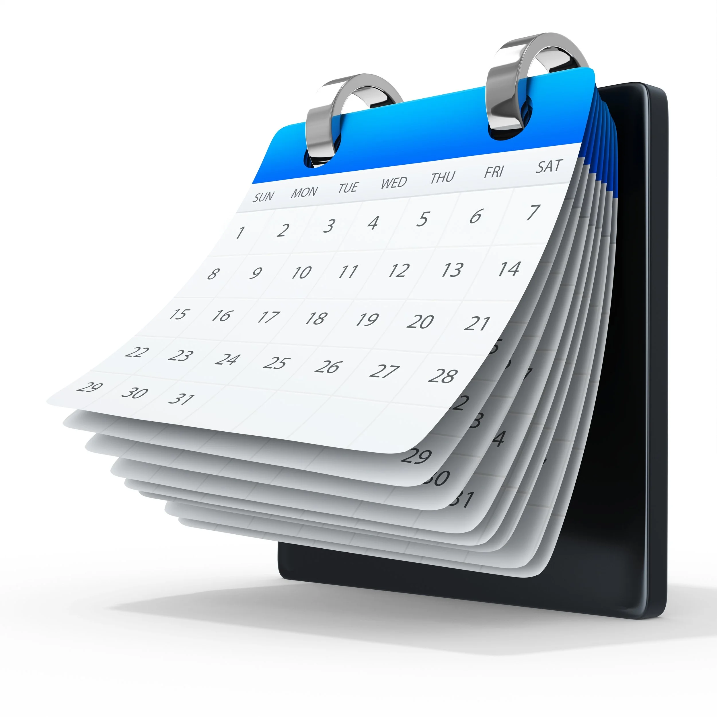 A modern black digital desk calendar with pages flipping to show a monthly view, displaying days of the week from Sunday to Saturday and numbered dates, with the pages curling at the edges.