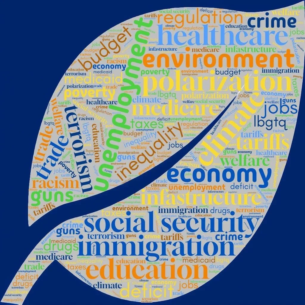 Word cloud in the shape of a leaf with words related to social issues, including 'social security,' 'immigration,' 'education,' 'healthcare,' 'economy,' 'environment,' 'polarity,' 'taxes,' 'tariffs,' 'welfare,' 'guns,' 'medicaid,' and 'medicine,' on a dark background.