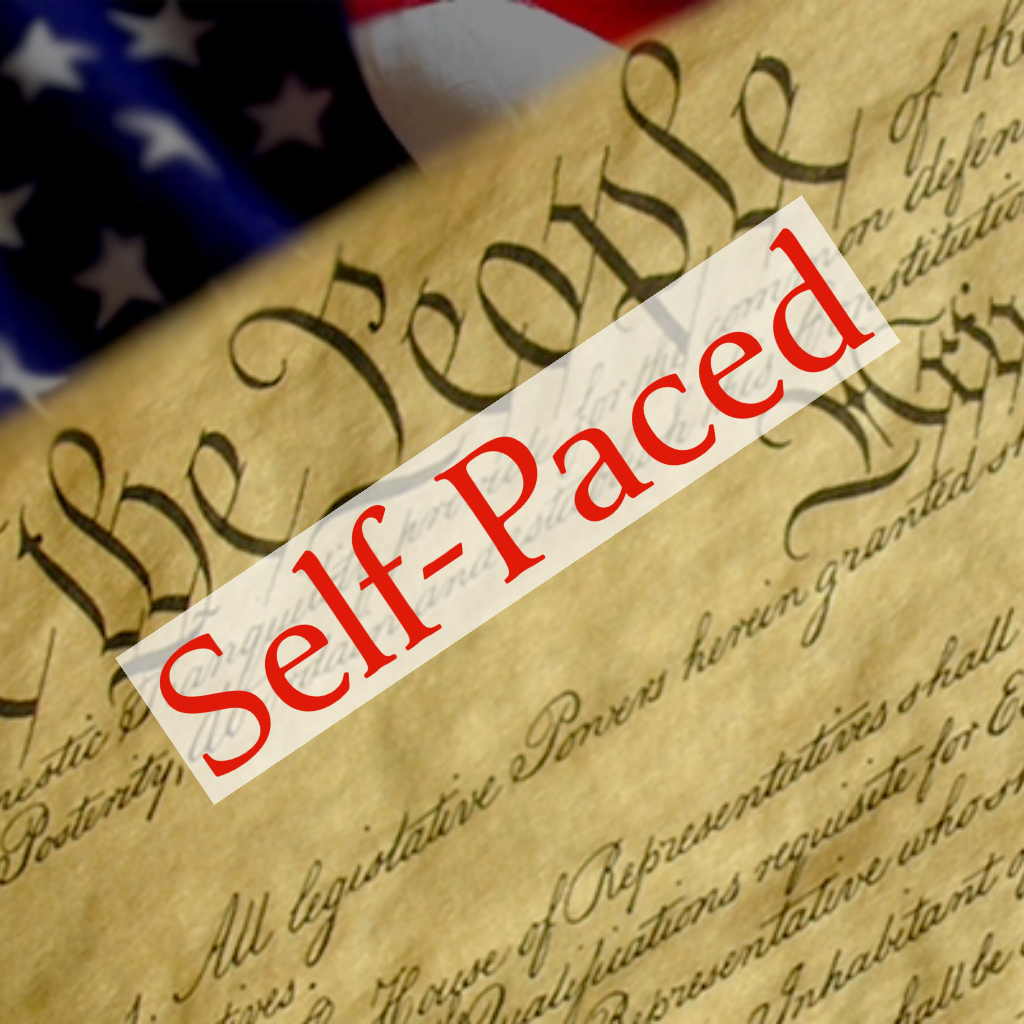 Document resembling the Declaration of Independence with a large red stamp reading "Self-Paced" diagonally across it, and partially visible American flag in the background.
